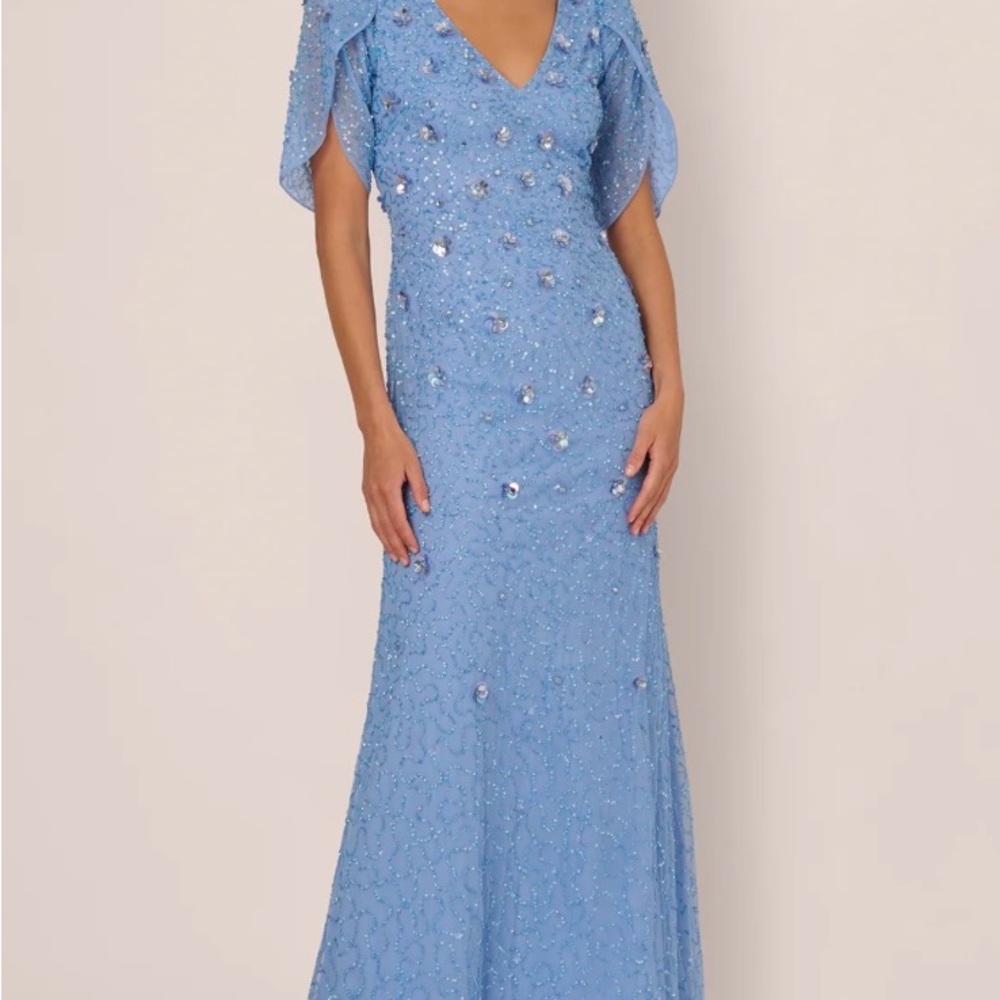 Adrianna Papell Tulip Sleeve 3D Floral Beaded Mermaid Dress in Bluebell Size 12